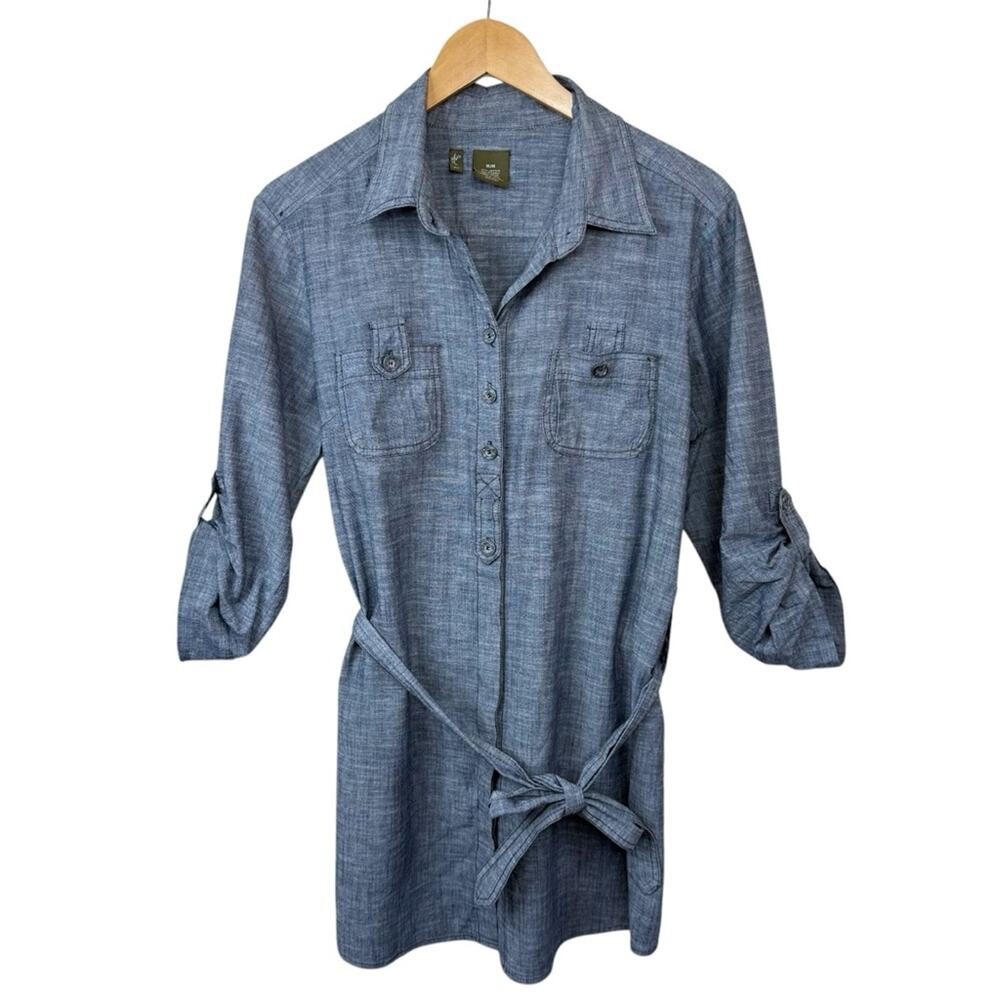 Fei Anthropologie Shirt Dress Womens Sz M Blue Roll Tab Sleeve Utilty Tie Waist